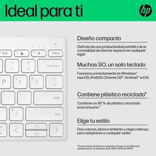 Clavier HP 350 Compact blanc sans pavé numérique Bluetooth 5.2 multi-appareils