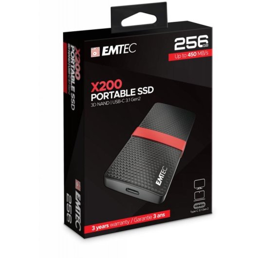 Disco Duro Emtec X200 256GB SSD USB Tipo C 450MB/s Negro Rojo
