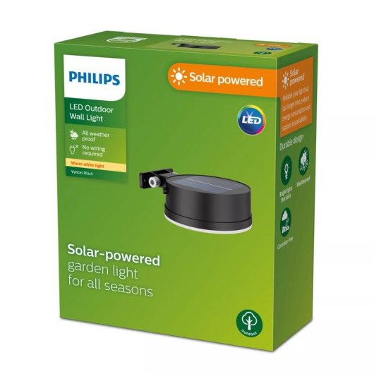 Aplique de Pared Solar Philips Vynce 1,5 W Negro Sensor Luz Blanca Cálida IP44