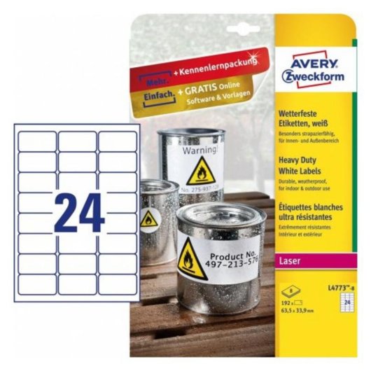 Selbstklebendes Etikett für Drucker Avery L4773-8 A4 Polyester Laser Dauerhaft