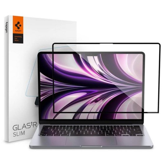 Protector d'écran Spigen pour MacBook Air 13.6" M2, verre trempé 9H, noir transparent