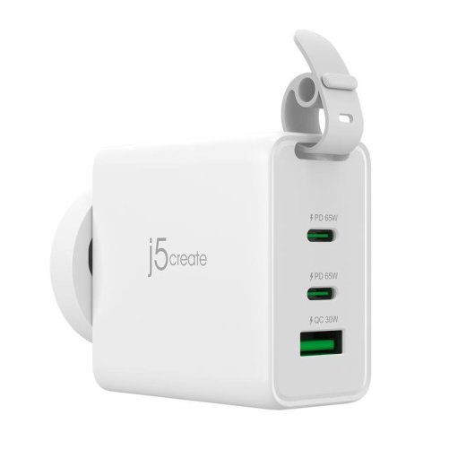 Carregador de viagem 3 portas GaN 65 W j5create com enchufes CA intermutáveis e cabo USB-C