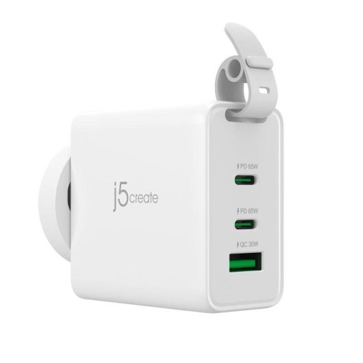 Carregador de viagem 3 portas GaN 65 W j5create com enchufes CA intermutáveis e cabo USB-C
