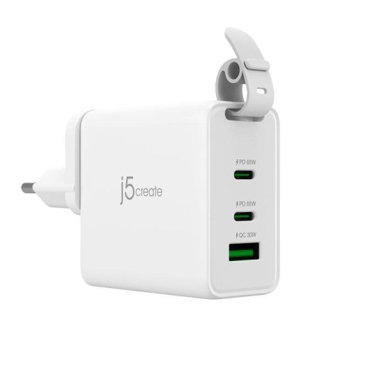 Carregador de viagem 3 portas GaN 65 W j5create com enchufes CA intermutáveis e cabo USB-C