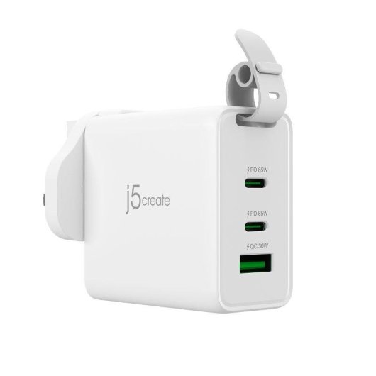 Carregador de viagem 3 portas GaN 65 W j5create com enchufes CA intermutáveis e cabo USB-C