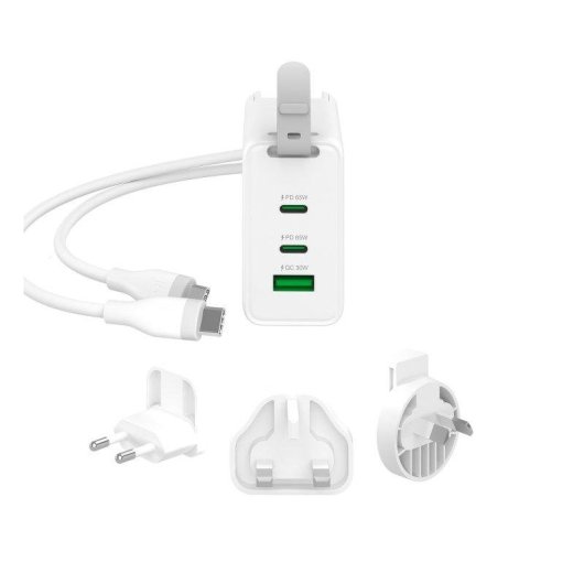 Carregador de viagem 3 portas GaN 65 W j5create com enchufes CA intermutáveis e cabo USB-C
