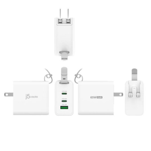 Carregador de viagem 3 portas GaN 65 W j5create com enchufes CA intermutáveis e cabo USB-C