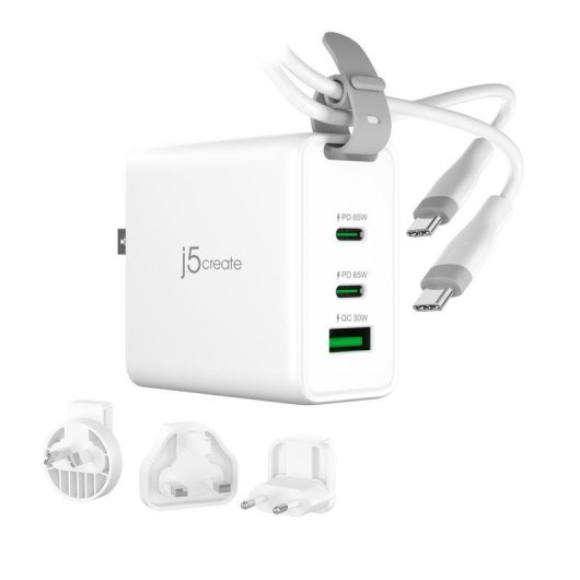 Carregador de viagem 3 portas GaN 65 W j5create com enchufes CA intermutáveis e cabo USB-C