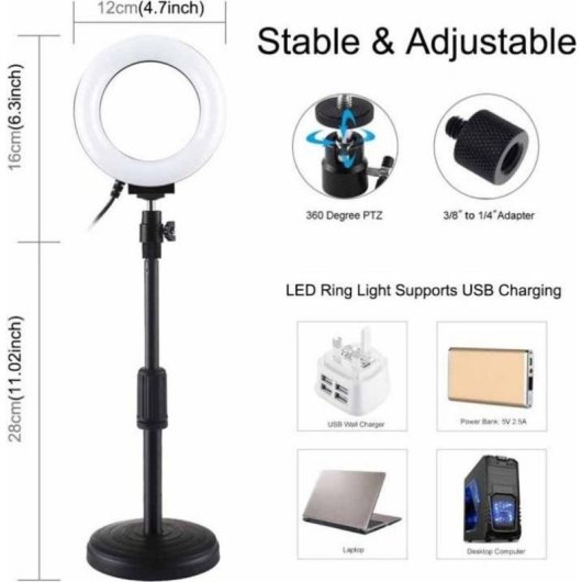 Puluz PU391 Lámpara LED Anillo con Tripode Regulable 12 cm USB 6.5W Luz 3200-6500K
