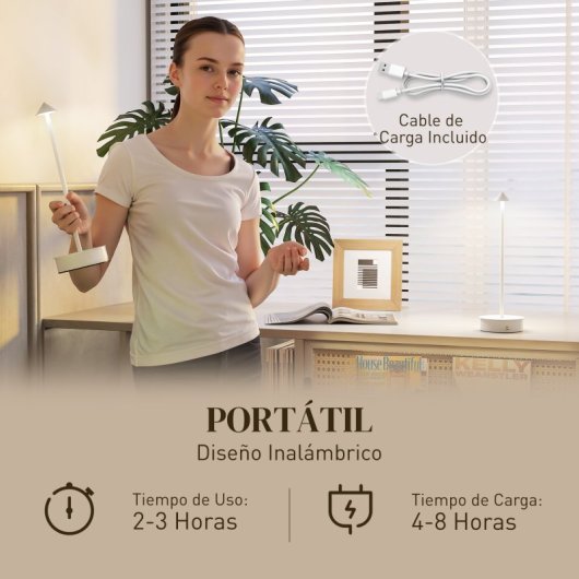 Homcom Pack 2 Lámparas De Mesa Recargables Táctiles Blancas