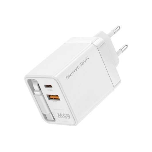 Mars Gaming Md-gan65r Cargador Usb-c Gan 65w Cable Retráctil Blanco