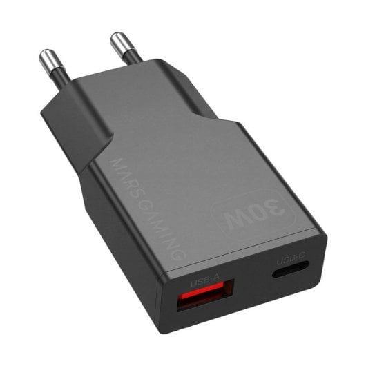 Carregador Mars Gaming MD-GAN30 GaN 30W Carregamento Rápido USB-C USB-A Preto