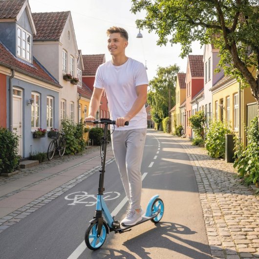 Homcom Patinete Plegable +14 Años Con Manillar Ajustable Azul Cielo Y Negro