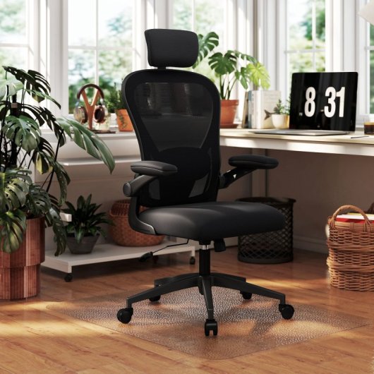 Homcom Pack Oficina Con Silla De Malla Negra Y Alfombra Protectora 90x120 Cm