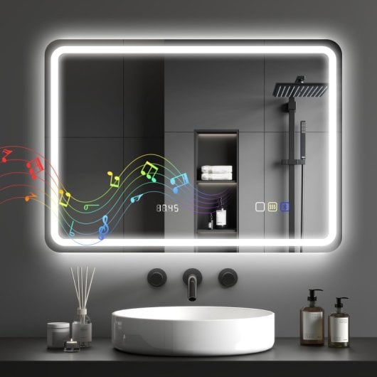 Homcom Espejo Baño Led 70x50 Cm Bluetooth Reloj Digital Antivaho