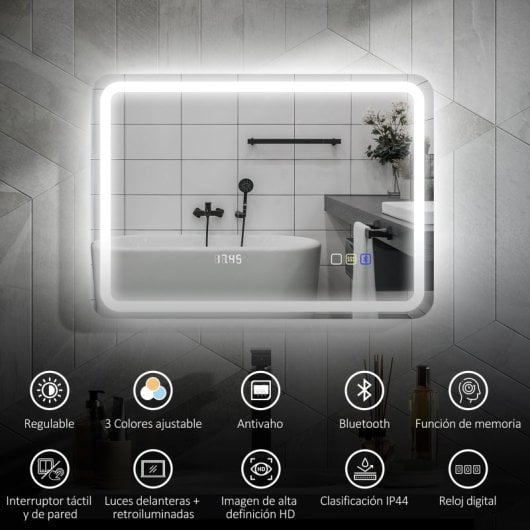 Homcom Espejo Baño Led 70x50 Cm Bluetooth Reloj Digital Antivaho