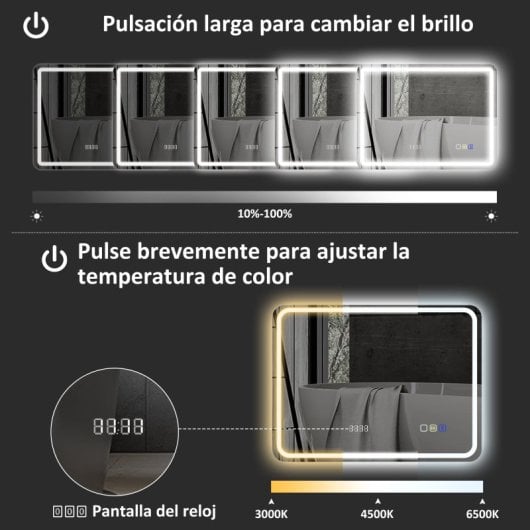 Homcom Espejo Baño Led 70x50 Cm Bluetooth Reloj Digital Antivaho