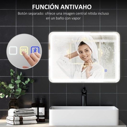 Homcom Espejo Baño Led 70x50 Cm Bluetooth Reloj Digital Antivaho