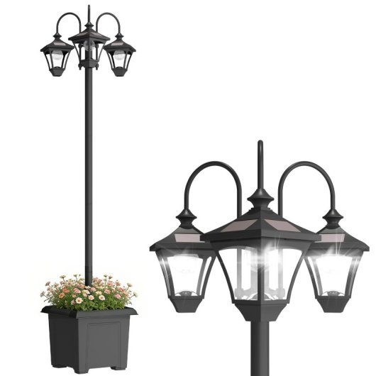 Farola Solar Outsunny B30-070V00BK 3 Cabeças Macetero Preto IP44