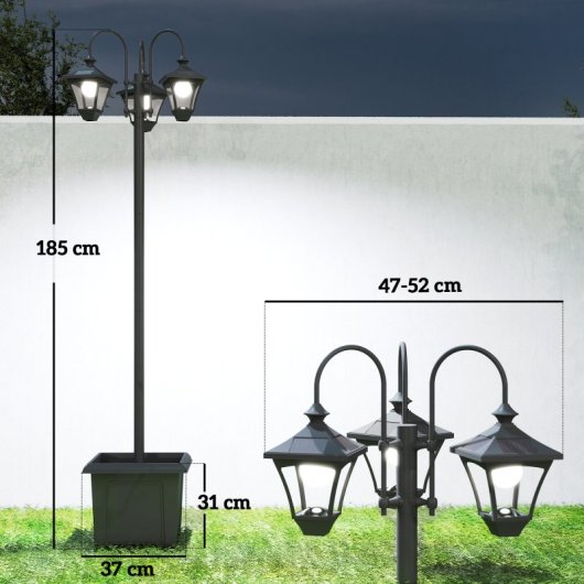 Farola Solar Outsunny B30-070V00BK 3 Cabeças Macetero Preto IP44
