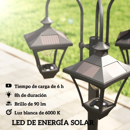 Farola Solar Outsunny B30-070V00BK 3 Cabeças Macetero Preto IP44