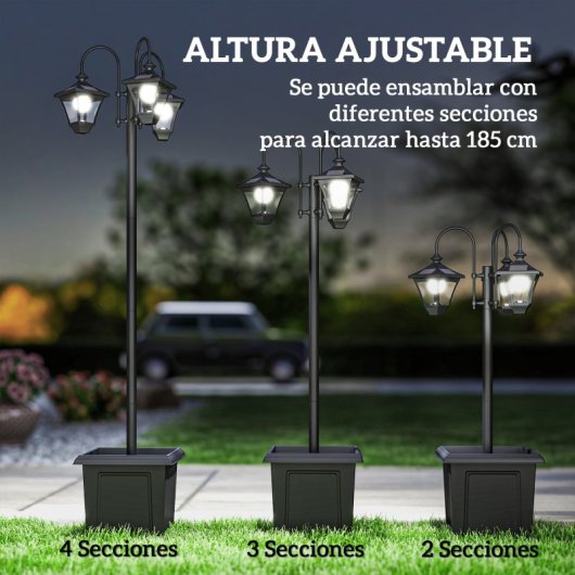 Farola Solar Outsunny B30-070V00BK 3 Cabeças Macetero Preto IP44