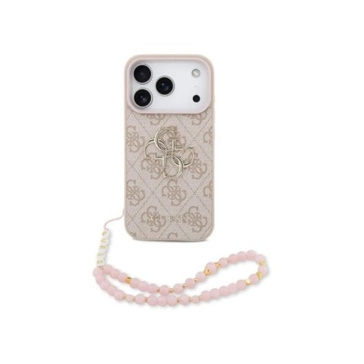 Guess Funda Para Iphone 17 Pro Max – Carcasa De Polipiel Rosa Con Logo 4g Clásico Y Correa De Perlas, Diseño Elegante Y Ajuste Preciso