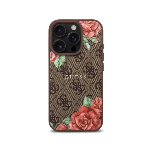 Guess Funda Para Iphone 16 Pro Max – Carcasa De Polipiel Marrón Con Logo 4g Rosas Y Magsafe, Diseño Elegante Y Ajuste Preciso