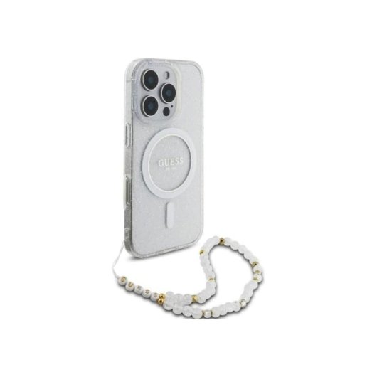 Guess Funda Para Iphone 16 Pro Max – Carcasa Transparente Con Magsafe Con Brillo Y Correa De Perlas, Diseño Elegante Y Ajuste Preciso