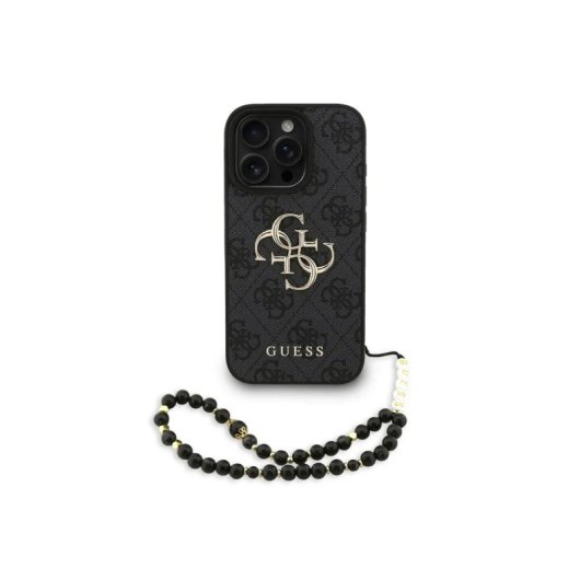 Funda para móvel Guess Polipiel Preta Logo 4G Clássico com Correia de Pérolas para iPhone 16 Pro