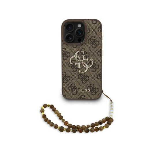 Guess Funda Para Iphone 16 Pro – Carcasa De Polipiel Marrón Con Logo 4g Clásico Y Correa De Perlas, Diseño Elegante Y Ajuste Preciso