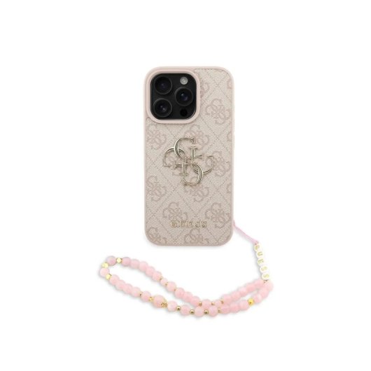 Guess Funda Para Iphone 16 Pro Max – Carcasa De Polipiel Rosa Con Logo 4g Clásico Y Correa De Perlas, Diseño Elegante Y Ajuste Preciso
