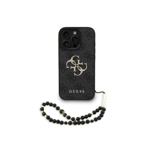 Guess Funda Para Iphone 16 Pro Max – Carcasa De Polipiel Negra Con Logo 4g Clásico Y Correa De Perlas, Diseño Elegante Y Ajuste Preciso