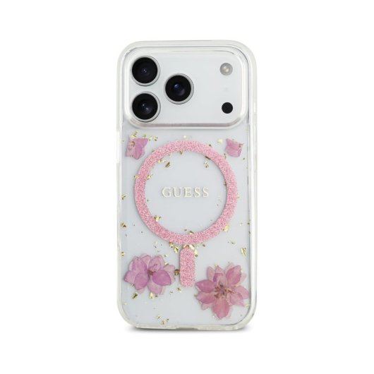 Guess Funda Para Iphone 17 Pro – Carcasa Con Magsafe Con Flores Rosas Y Detalles Dorados, Diseño Elegante Y Ajuste Preciso