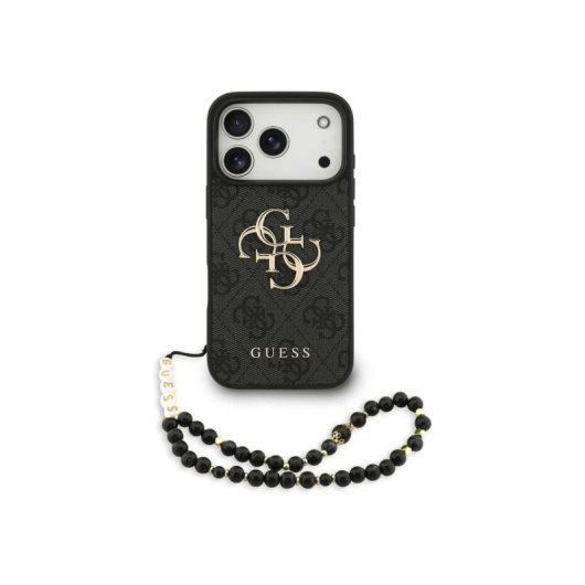 Guess Funda Para Iphone 17 Pro – Carcasa De Polipiel Negra Con Logo 4g Clásico Y Correa De Perlas, Diseño Elegante Y Ajuste Preciso