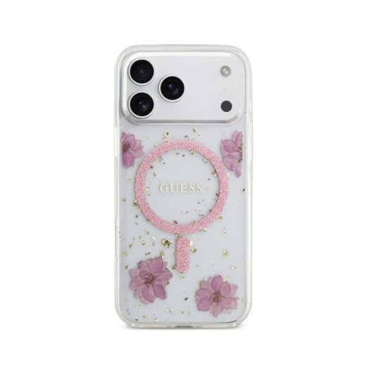 Guess Funda Para Iphone 17 Pro Max – Carcasa Con Magsafe Con Flores Rosas Y Detalles Dorados, Diseño Elegante Y Ajuste Preciso