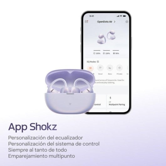 Auriculares Shokz OpenDots Air sem fios Bluetooth 6.1, design open-ear, roxo