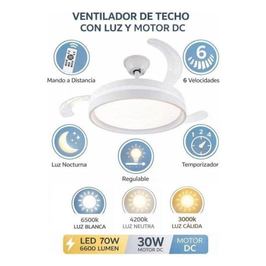 Ventoinha de Teto com Luz Klack OMFSD-2327 30W 106cm 6 Velocidades Pás Retráteis Comando