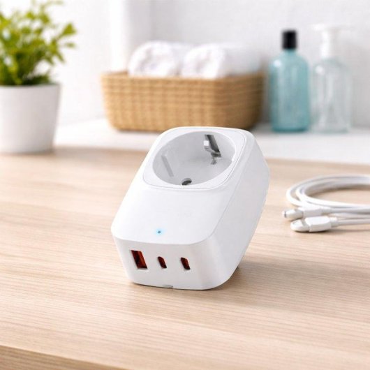 Adaptador Schuko Klack com 3 Portas USB (1 USB-A + 2 USB-C) – 3680W 16A Proteção 1050J