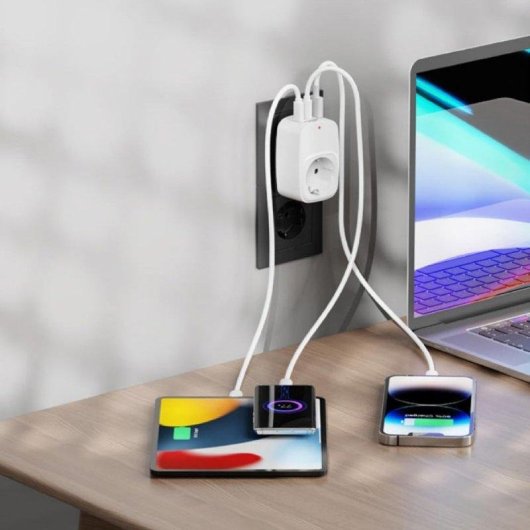 Adaptador Schuko Klack com 3 Portas USB (1 USB-A + 2 USB-C) – 3680W 16A Proteção 1050J