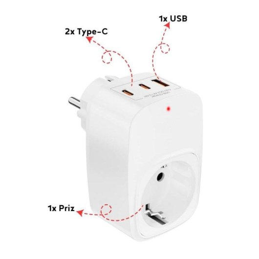 Adaptador Schuko Klack com 3 Portas USB (1 USB-A + 2 USB-C) – 3680W 16A Proteção 1050J