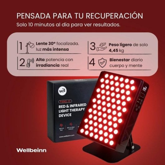 Panel de Luz Roja e Infrarroja Wellbeinn Redinn 78 LEDs 134 mW/cm²