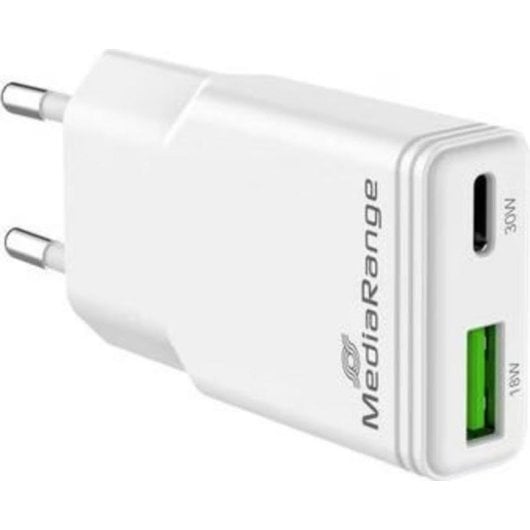 Cargador MediaRange 30W GaN USB-C y USB-A 2 Puertos Blanco