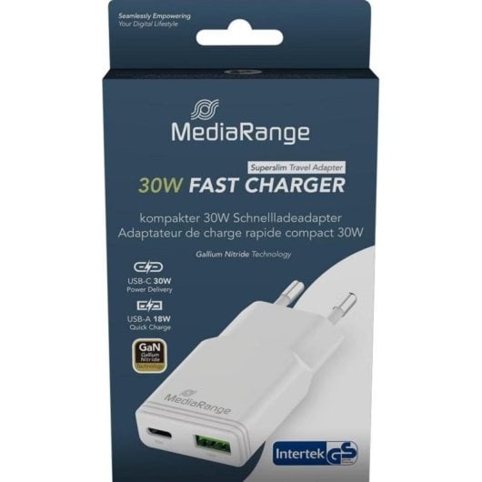 Cargador MediaRange 30W GaN USB-C y USB-A 2 Puertos Blanco