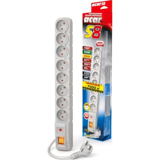 Regleta Acar S8 8 Tomas con Protección Contra Sobretensiones y Niños 3 m