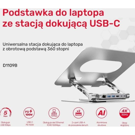 Podstaska Unitek TOP-4 con Hub USB-C HDMI 4K PD 100W para portátiles hasta 15.6"