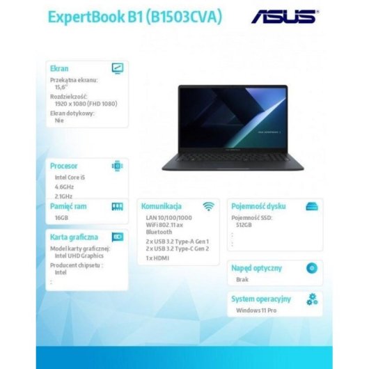 Portátil Asus ExpertBook B1 B1503CVA-S75100X 15.6" Intel Core i5-13420H 16GB 512GB SSD Intel UHD Graphics Windows 11 Pro