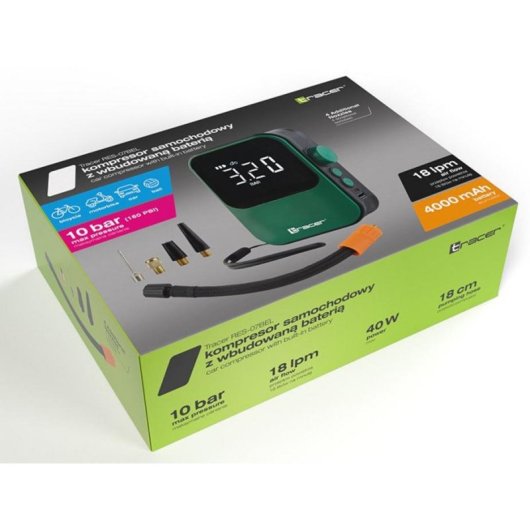 Compresor portátil Tracer 12V 4000 mAh 10 bar con powerbank y LED