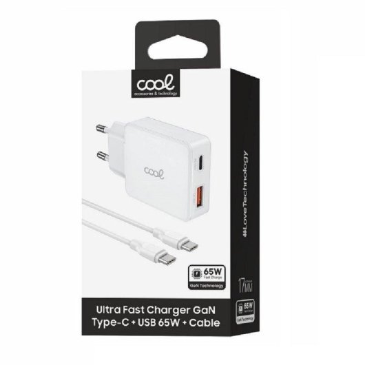 Cargador Red Cool Ultra Fast PD Tipo-C + USB GaN 65W Blanco