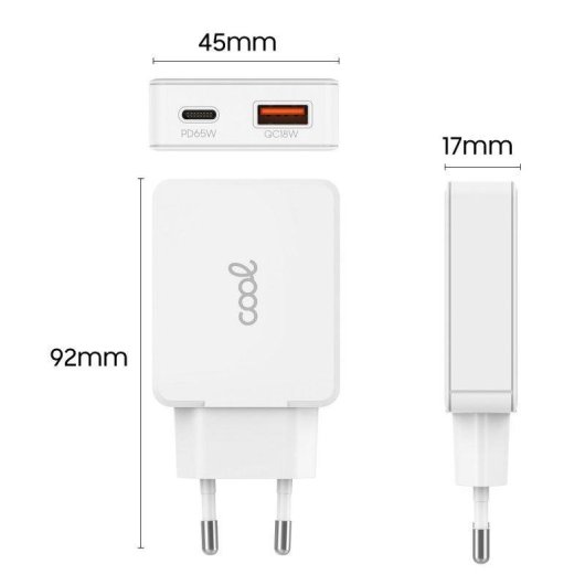 Cargador Red Cool Ultra Fast PD Tipo-C + USB GaN 65W Blanco